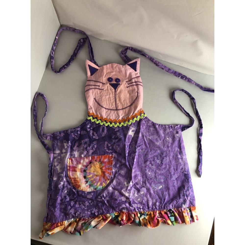 Hand Crafted Cat Apron For A Child Small‎ Tie Dye Kitty Apron 18" Long 50" ties